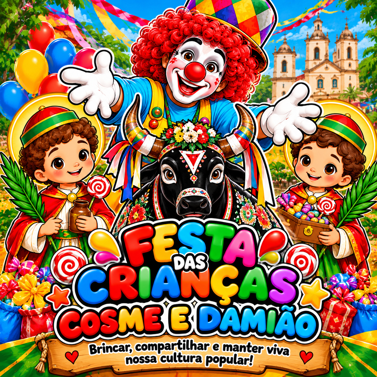 Arte de festa das crianças com o personagem Peteleco